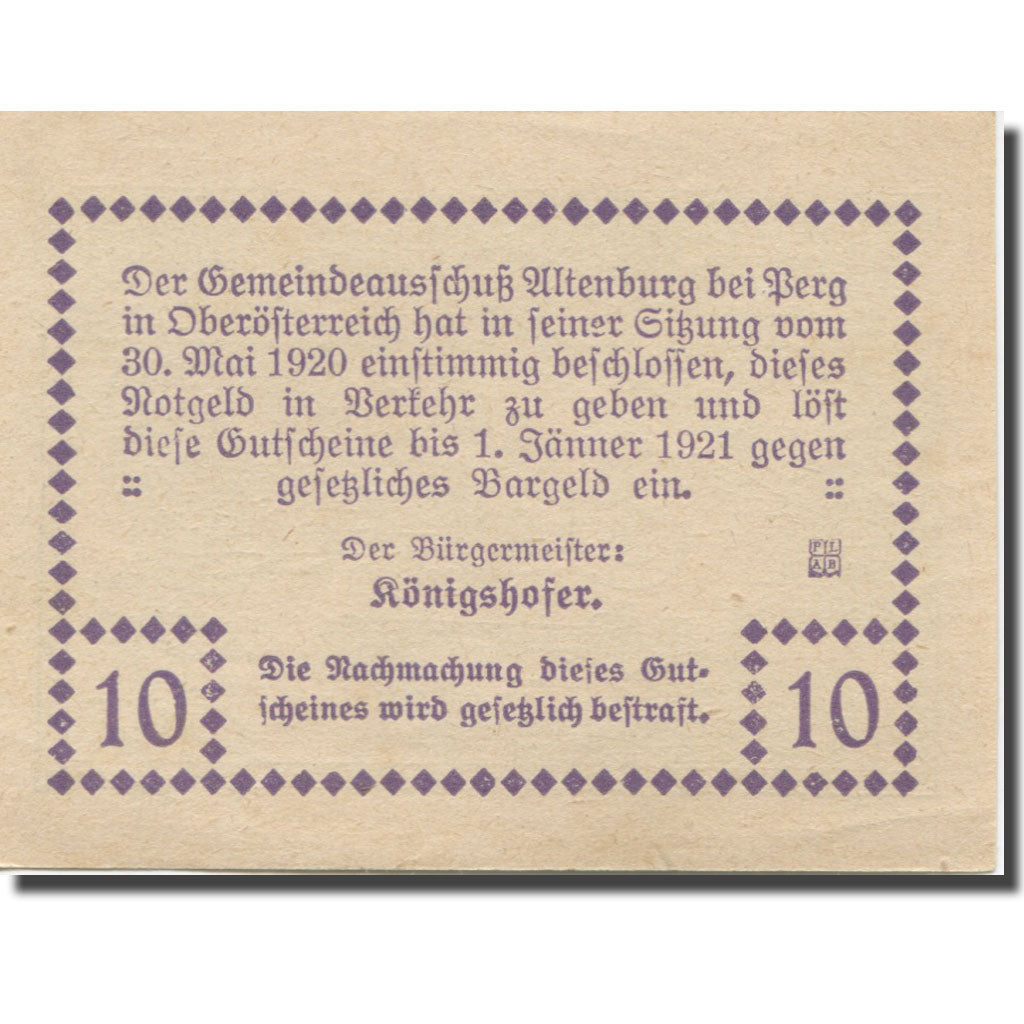 Geldschein, Österreich, Altenburg, 10 Heller, château, 1921 UNZ- Mehl:FS 26a