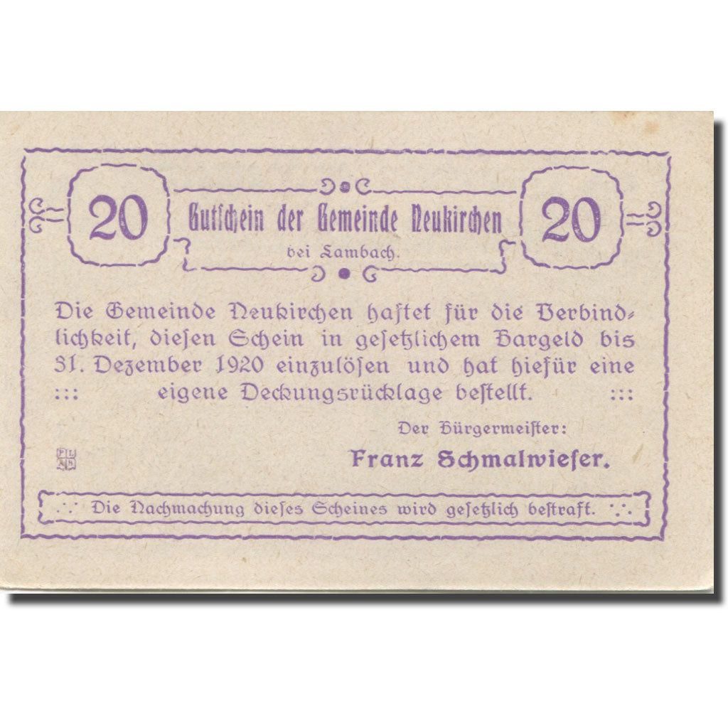 Banknote, Austria, Lambach, 20 Heller, Eglise, 1920 UNC(63) Mehl:FS 658