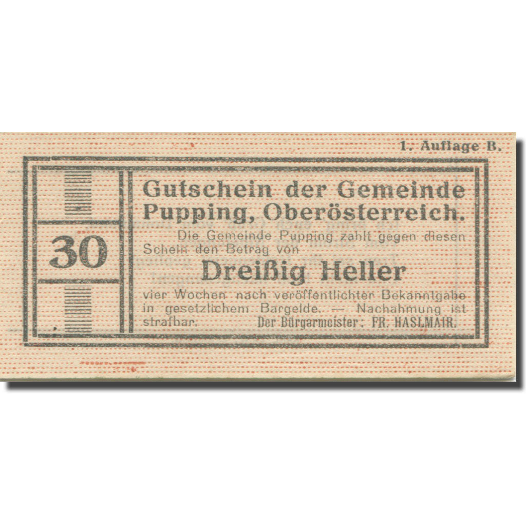 Banconote, Austria, Pupping, 30 Heller, valeur faciale, 1920, SPL, Mehl:FS 792
