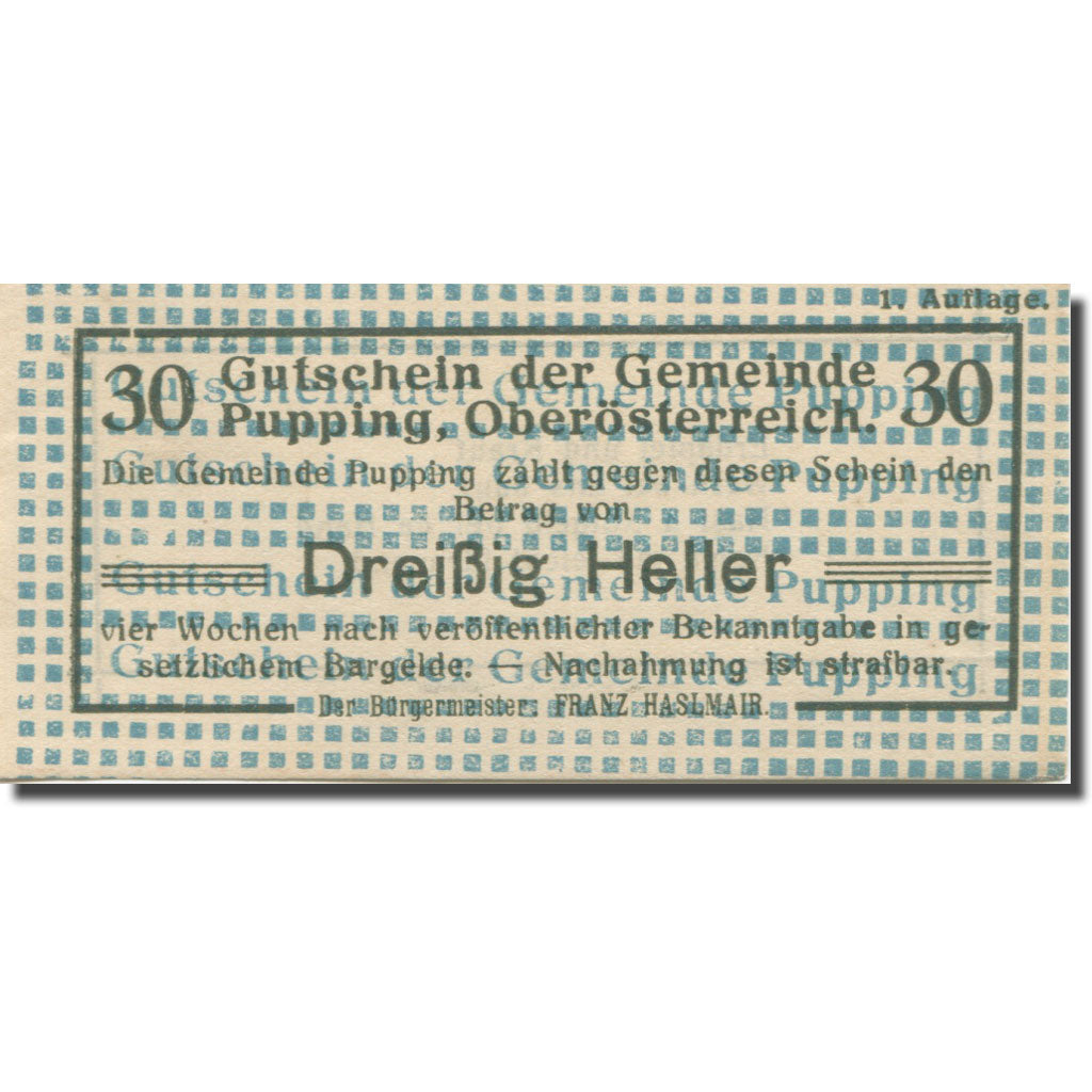 Banknote Austria Pupping 30 Heller, valeur faciale 1, 1920, UNC(63), Mehl:FS 792