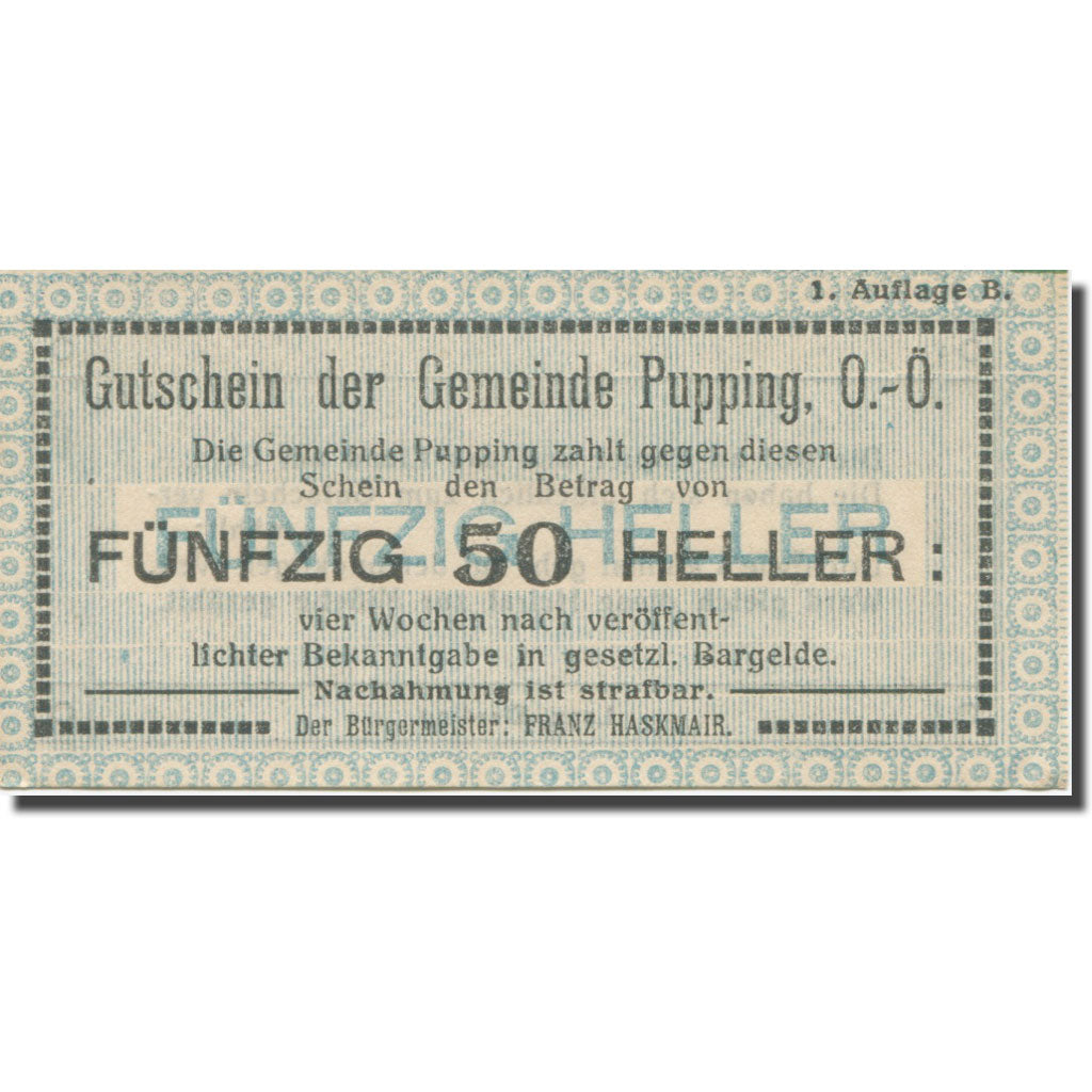 Banknote Austria Pupping 50Heller, valeur faciale 2, 1920, UNC(63), Mehl:FS 792
