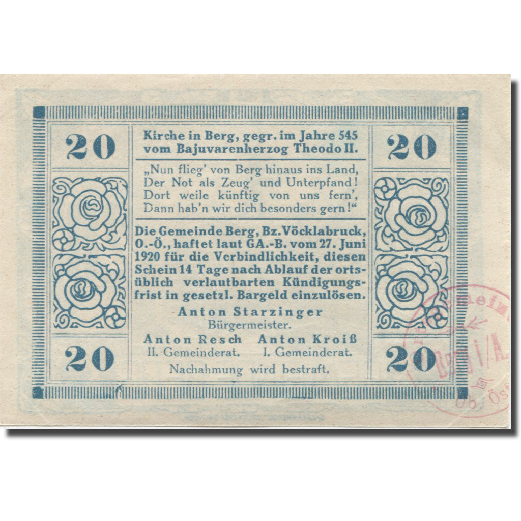 Banknote, Austria, Berg, 20 Heller, village 1920-06-27, UNC(63), Mehl:FS 81a