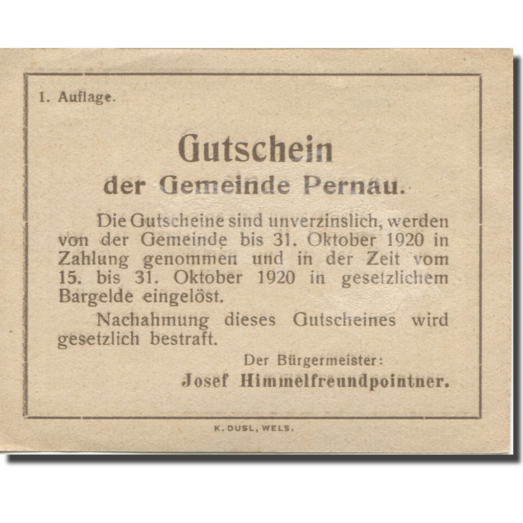 Banknote, Austria, Pernau, 50 Heller, Eglise 1920-10-31, UNC(63), Mehl:FS 734