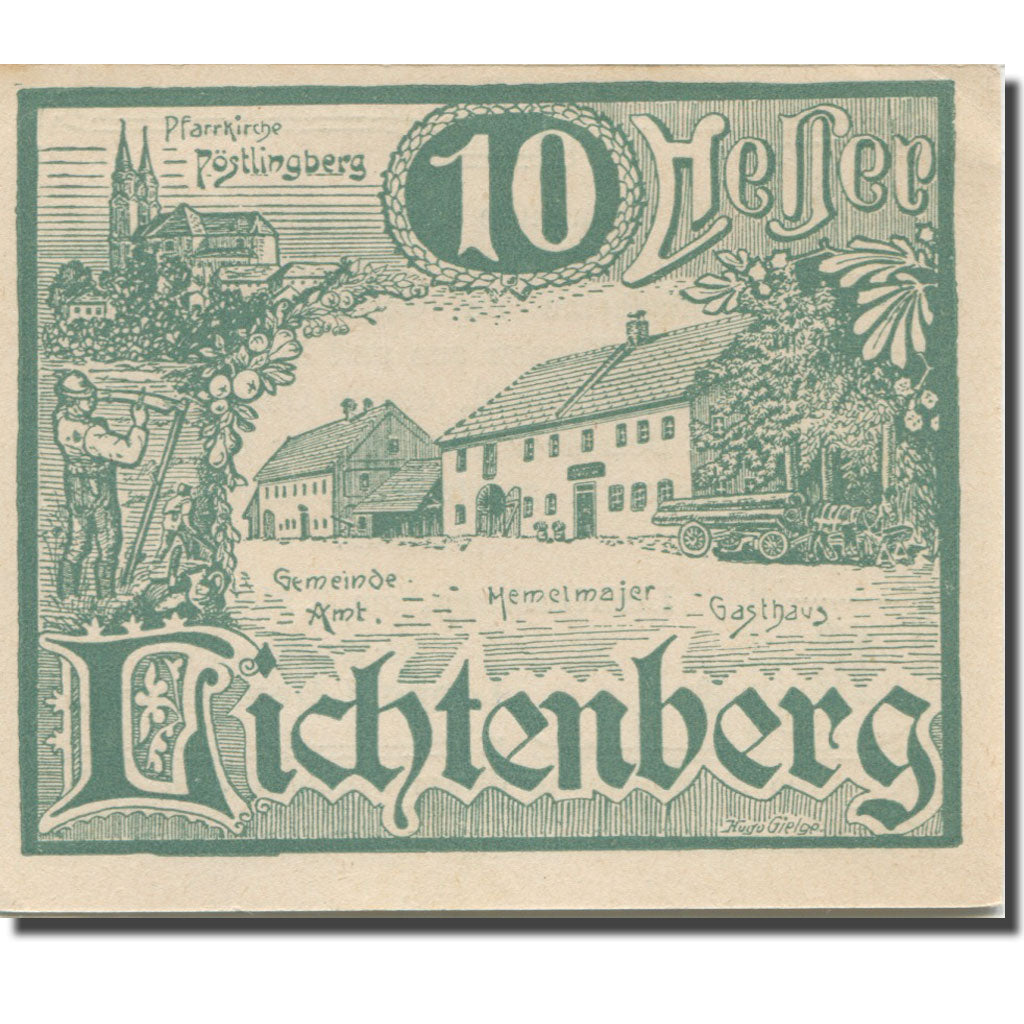Banknote, Austria, Lichtenberg, 10 Heller, ferme, 1920 UNC(63) Mehl:FS 518a