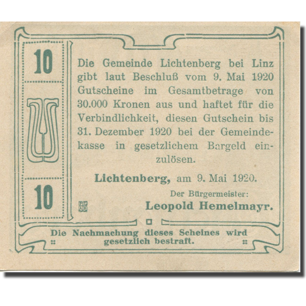Banknote, Austria, Lichtenberg, 10 Heller, ferme, 1920 UNC(63) Mehl:FS 518a