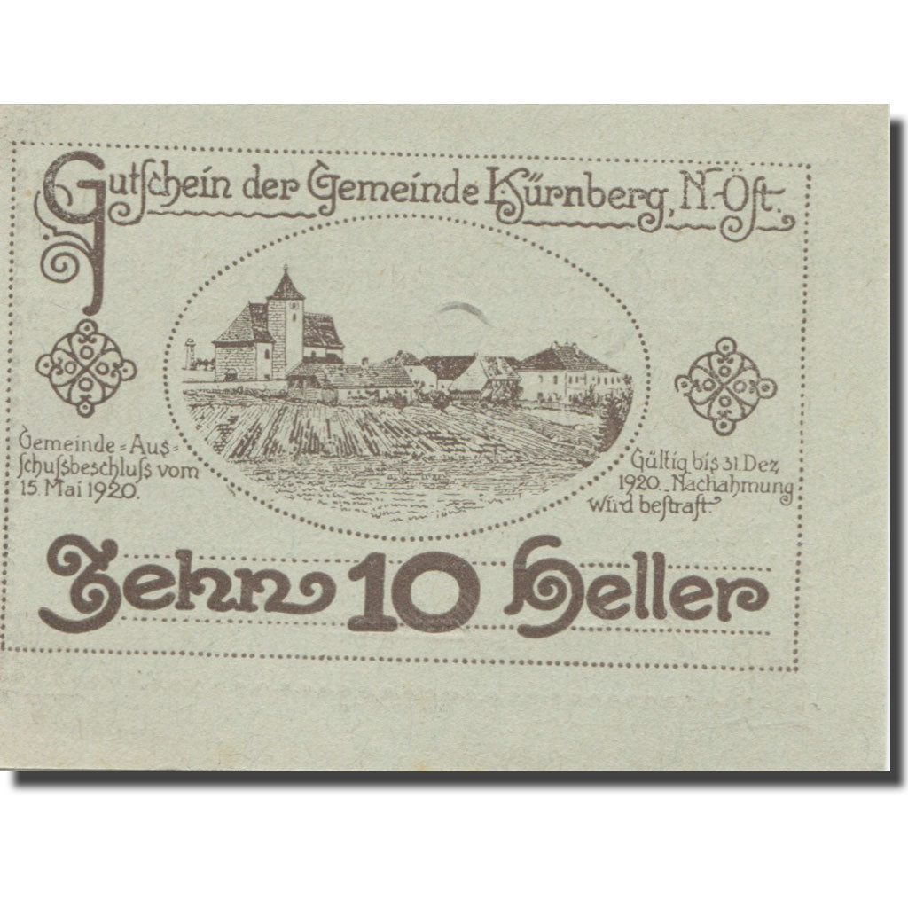 Banknote, Austria, Kürnberg, 10 Heller, champs, 1920 UNC(63) Mehl:FS 490a