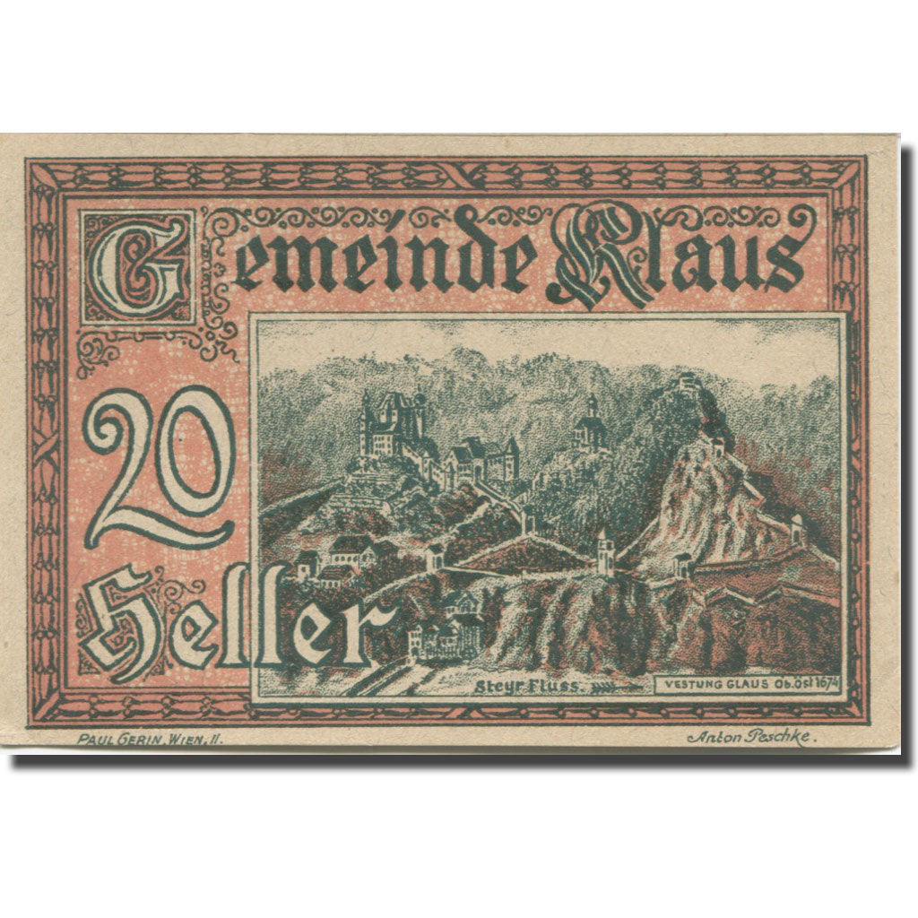 Banknote, Austria, Klaus, 20 Heller, château, 1920 UNC(63) Mehl:FS 454