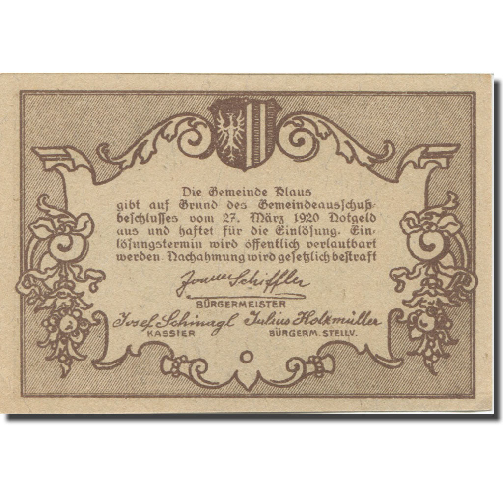 Banknote, Austria, Klaus, 20 Heller, château, 1920 UNC(63) Mehl:FS 454