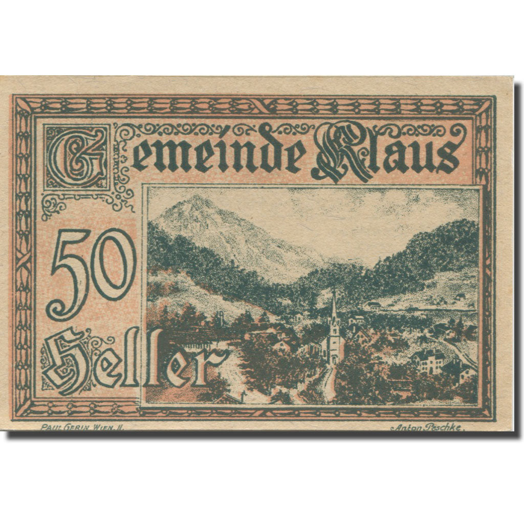 Banknote, Austria, Klaus, 50 Heller, montagne, 1920 UNC(63) Mehl:FS 454