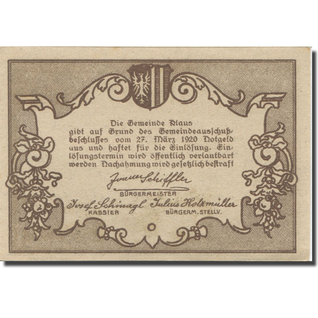 Banknote, Austria, Klaus, 50 Heller, montagne, 1920 UNC(63) Mehl:FS 454