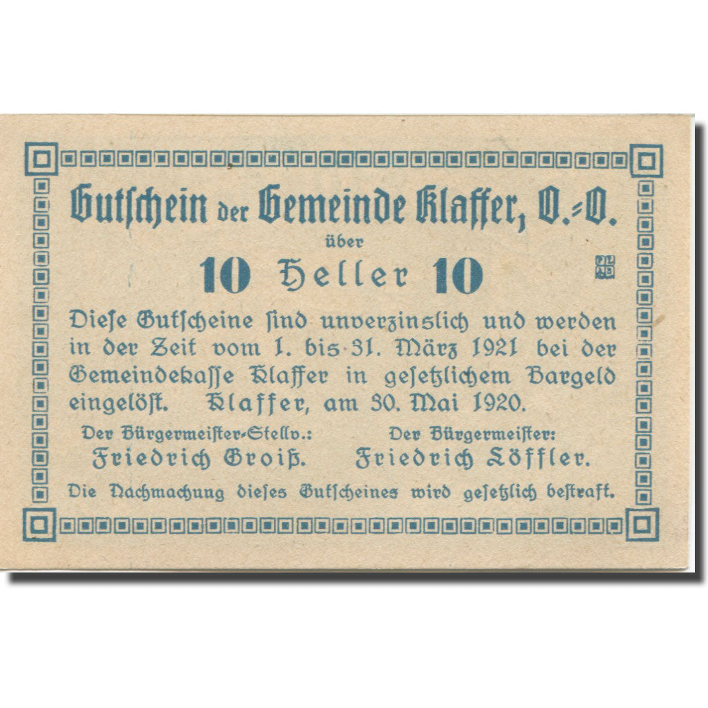 Banknote, Austria, Klaffer, 10 Heller, bûcheron, 1921 UNC(63) Mehl:FS 450b