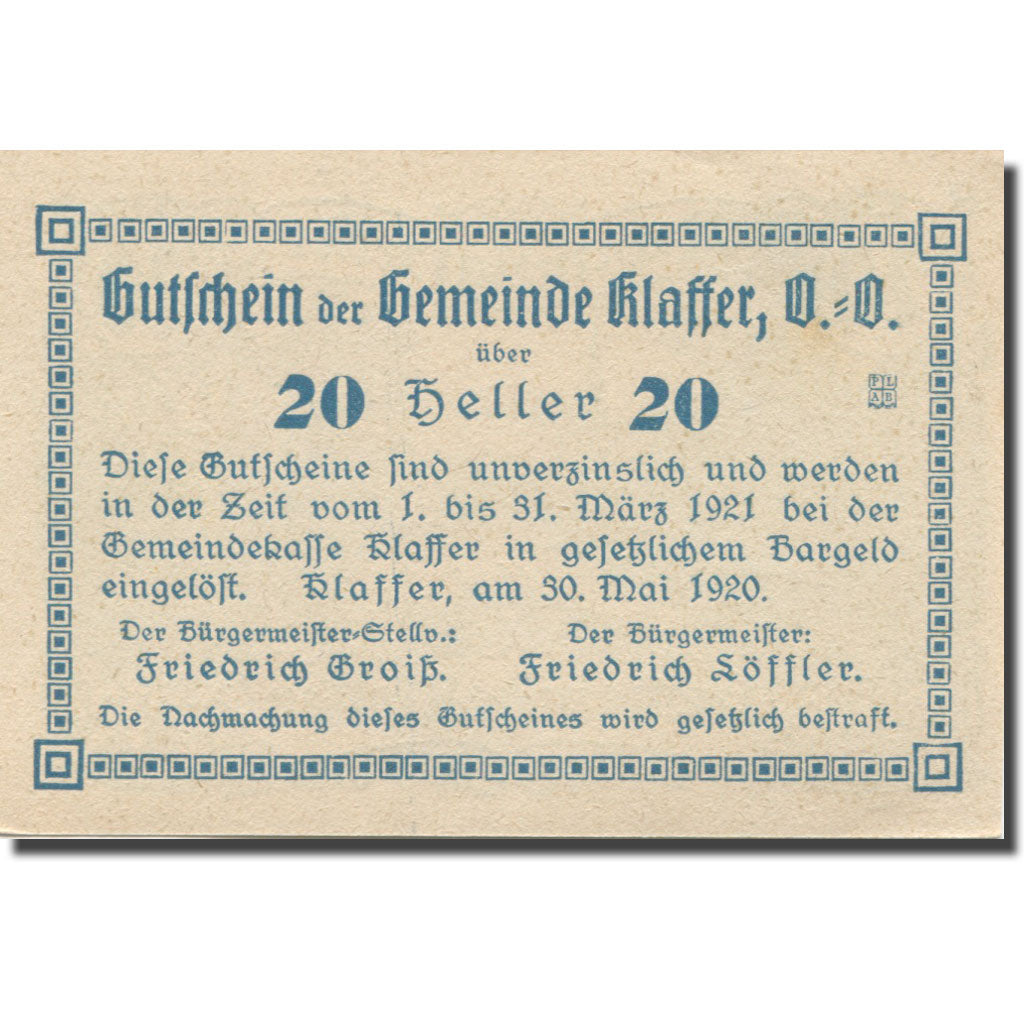 Banconote, Austria, Klaffer, 20 Heller, rue, 1921, 1921-03-31, SPL, Mehl:FS 450b