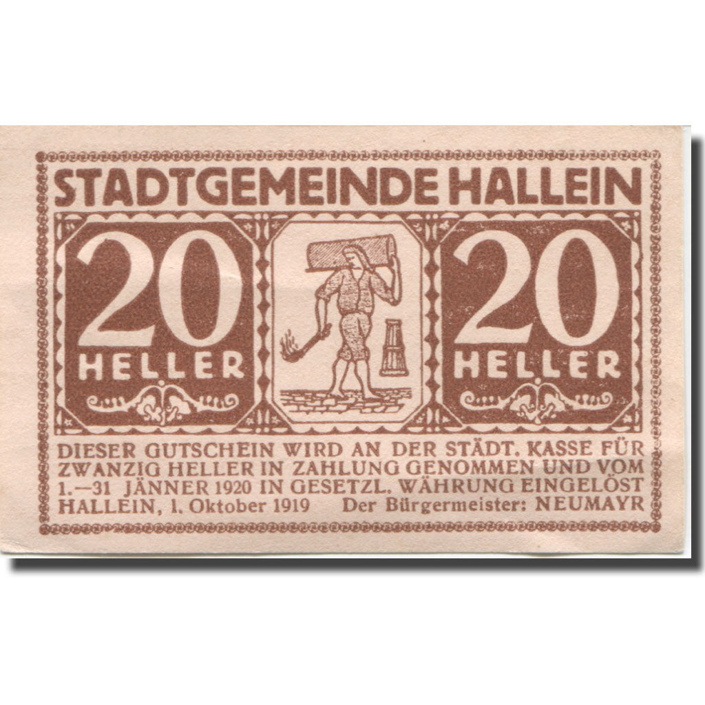 Banknote, Austria, Hallein, 20 Heller, personnage, 1920 UNC(63) Mehl:FS 344Ia
