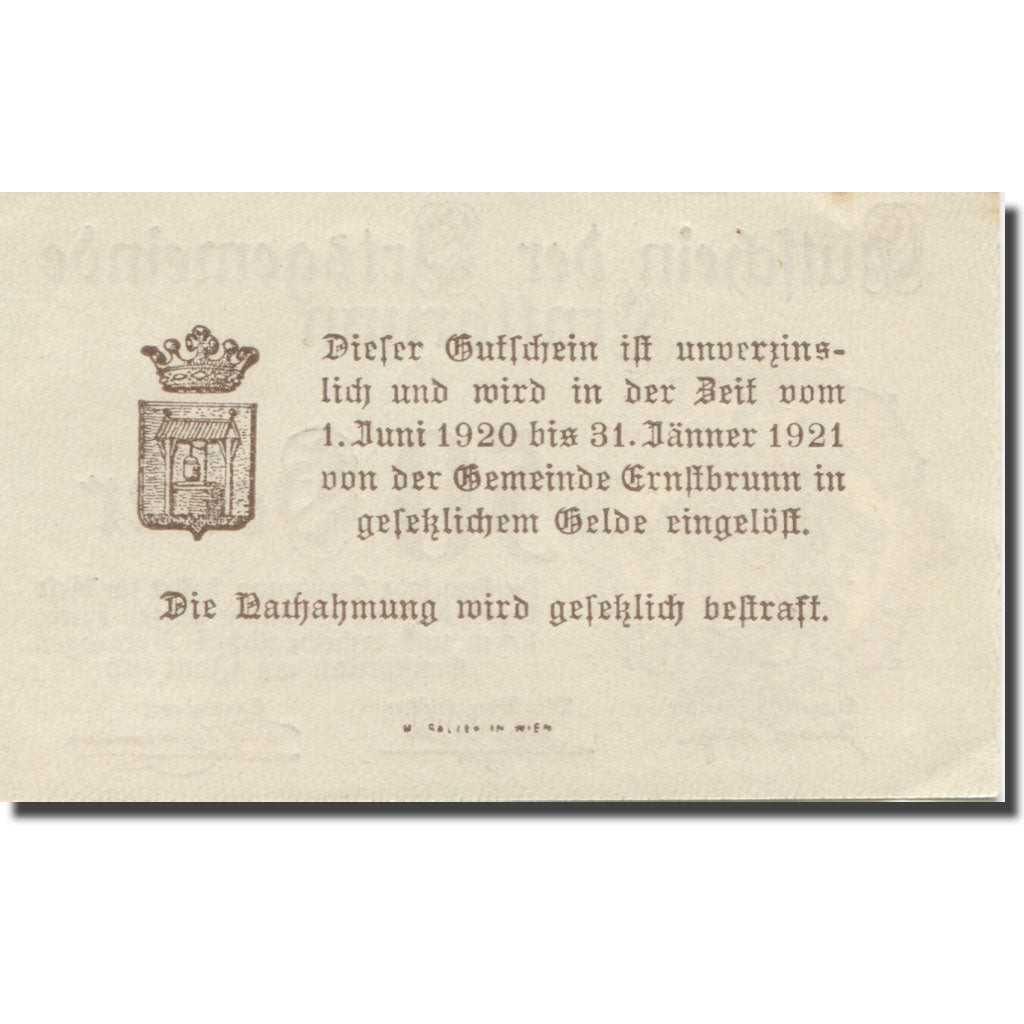Banknote, Austria, Ernstbrunn, 50 Heller, Blason 2, 1921 UNC(63) Mehl:FS183