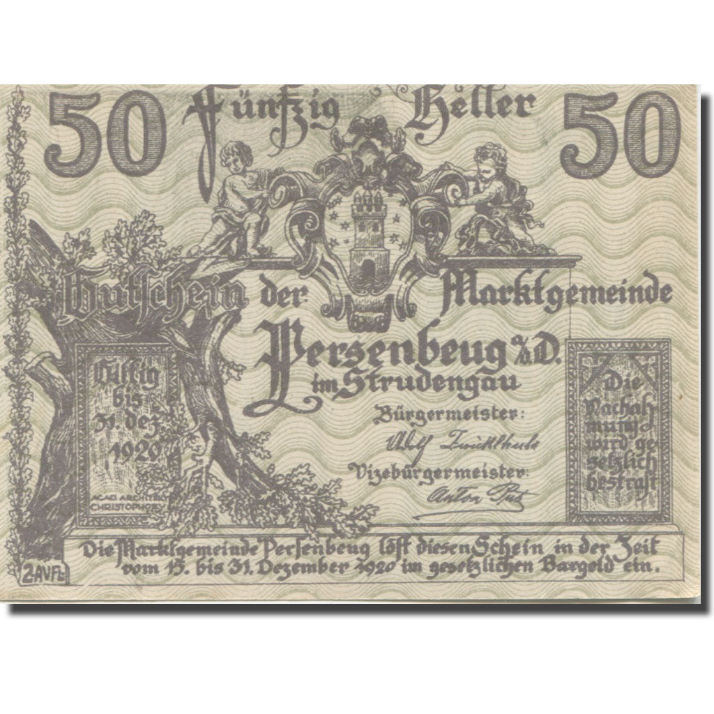 Banknote, Austria, Persenbeug, 50 Heller, Blason, 1920 UNC(63) Mehl:FS 735IIa