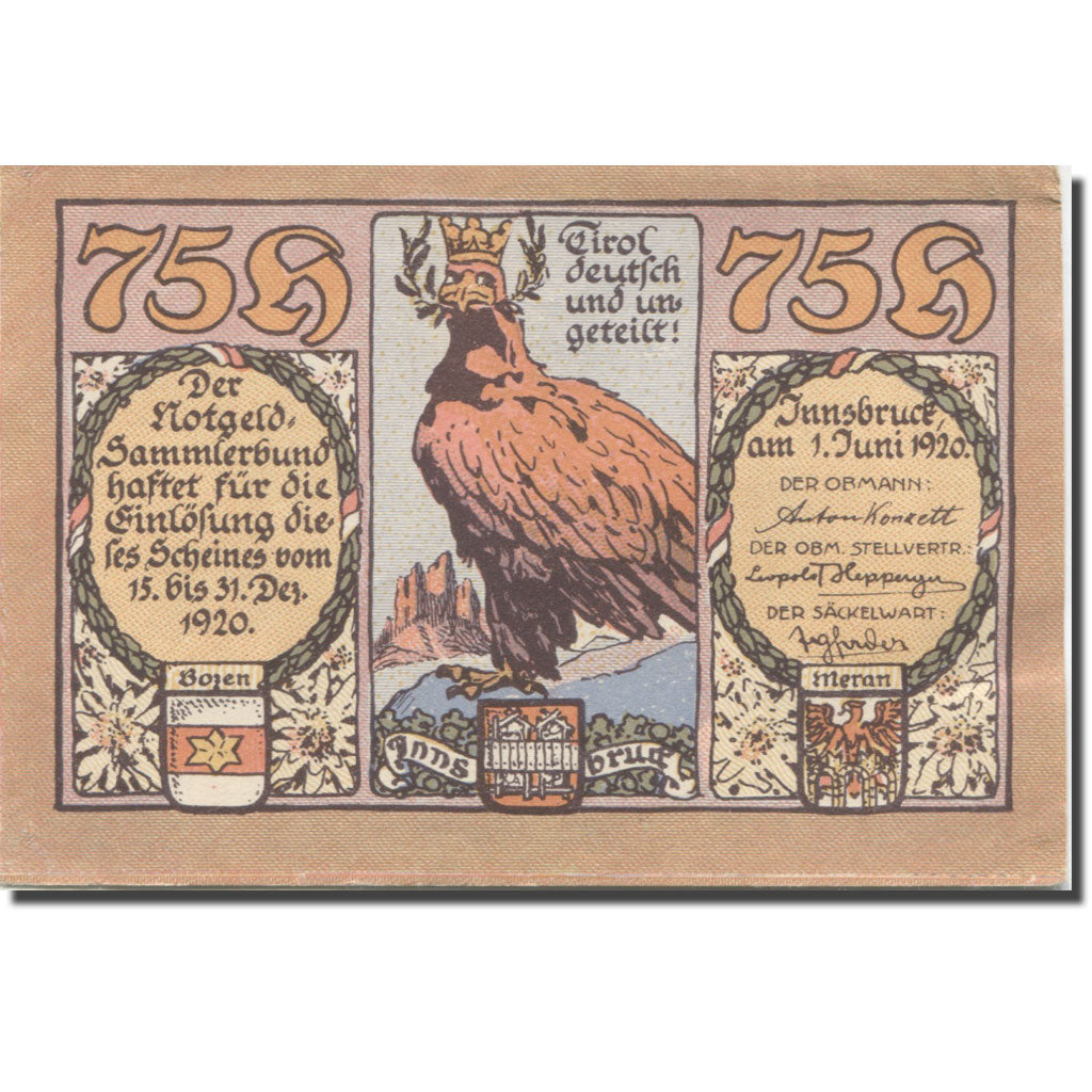 Banconote, Austria, Innsbruck, 75 Heller, aigle 1920-12-31, SPL Mehl:FS 412Ia