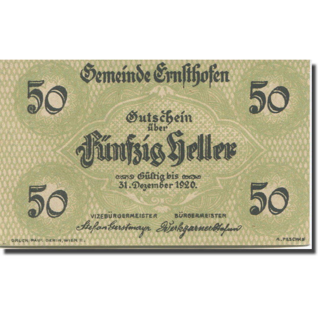 Banknote, Austria, Ernsthofen, 50 Heller, Eglise, 1920 UNC(63) Mehl:FS 184a