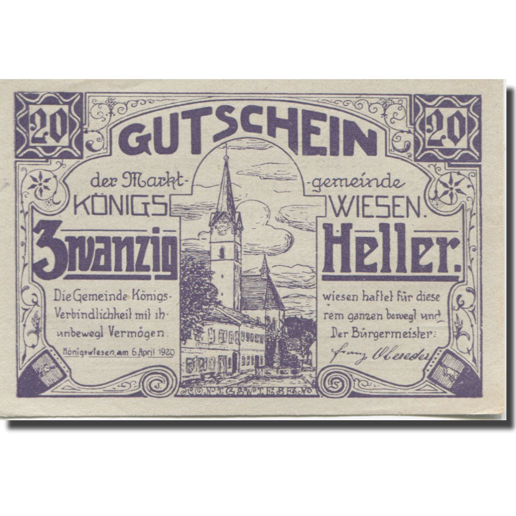 Banconote, Austria, Wiesen, 20 Heller, Eglise 1921-05-31, SPL Mehl:FS 464