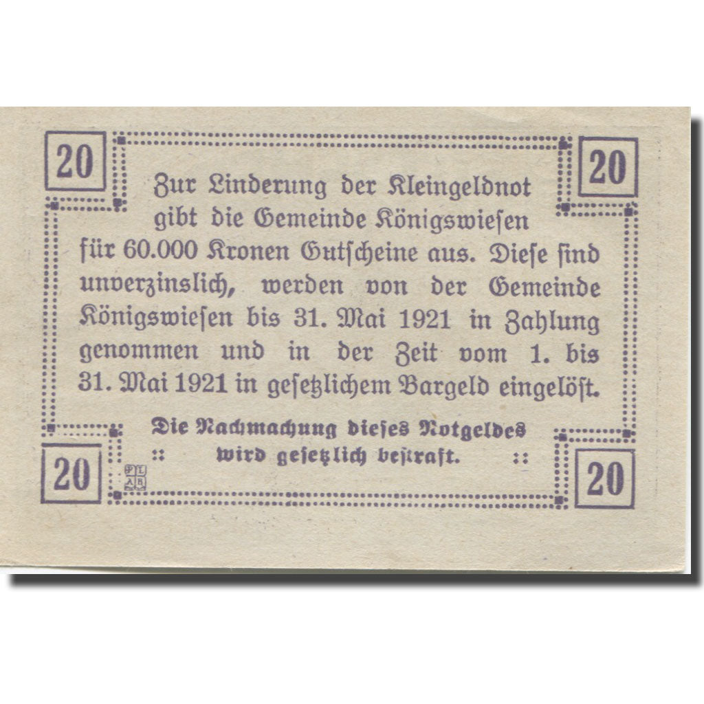 Banconote, Austria, Wiesen, 20 Heller, Eglise 1921-05-31, SPL Mehl:FS 464