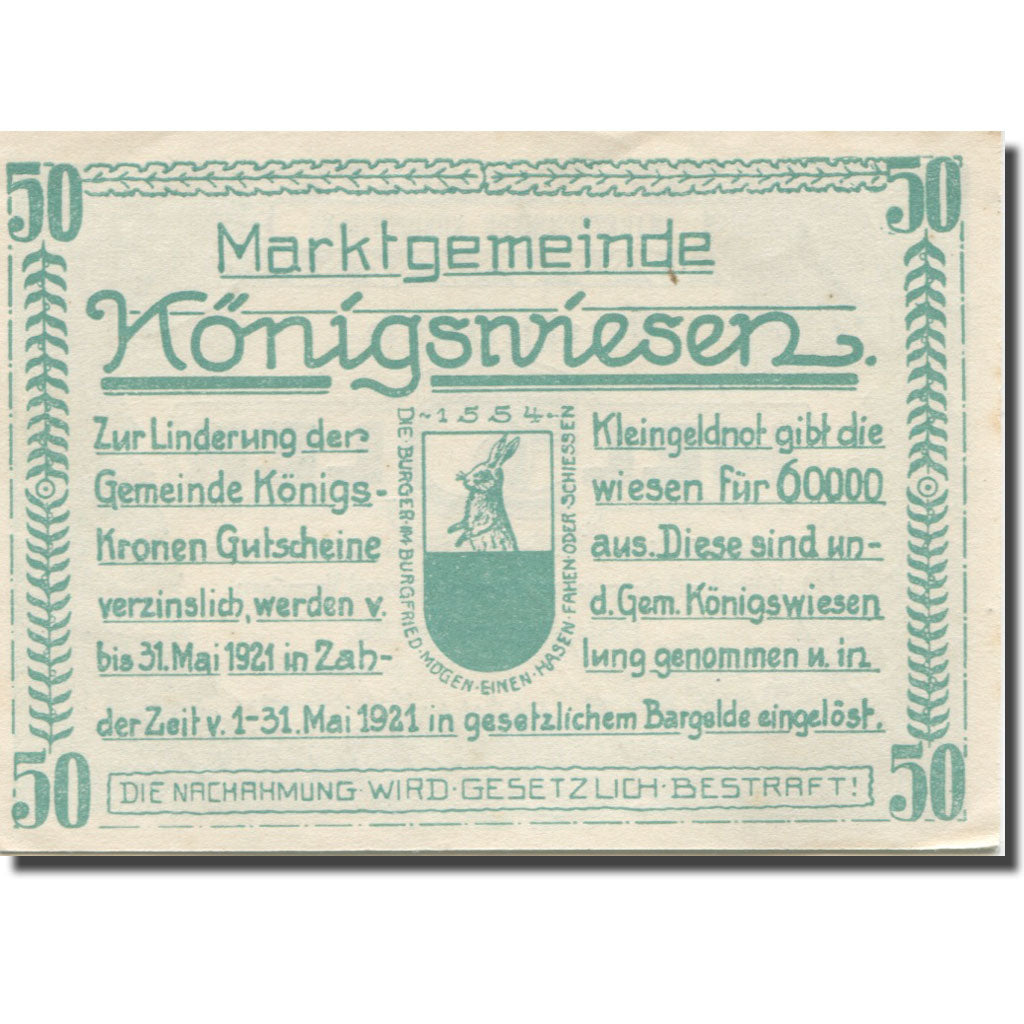 Banknote, Austria, Wiesen, 50 Heller, Blason 1921-05-31, UNC(63) Mehl:FS 464
