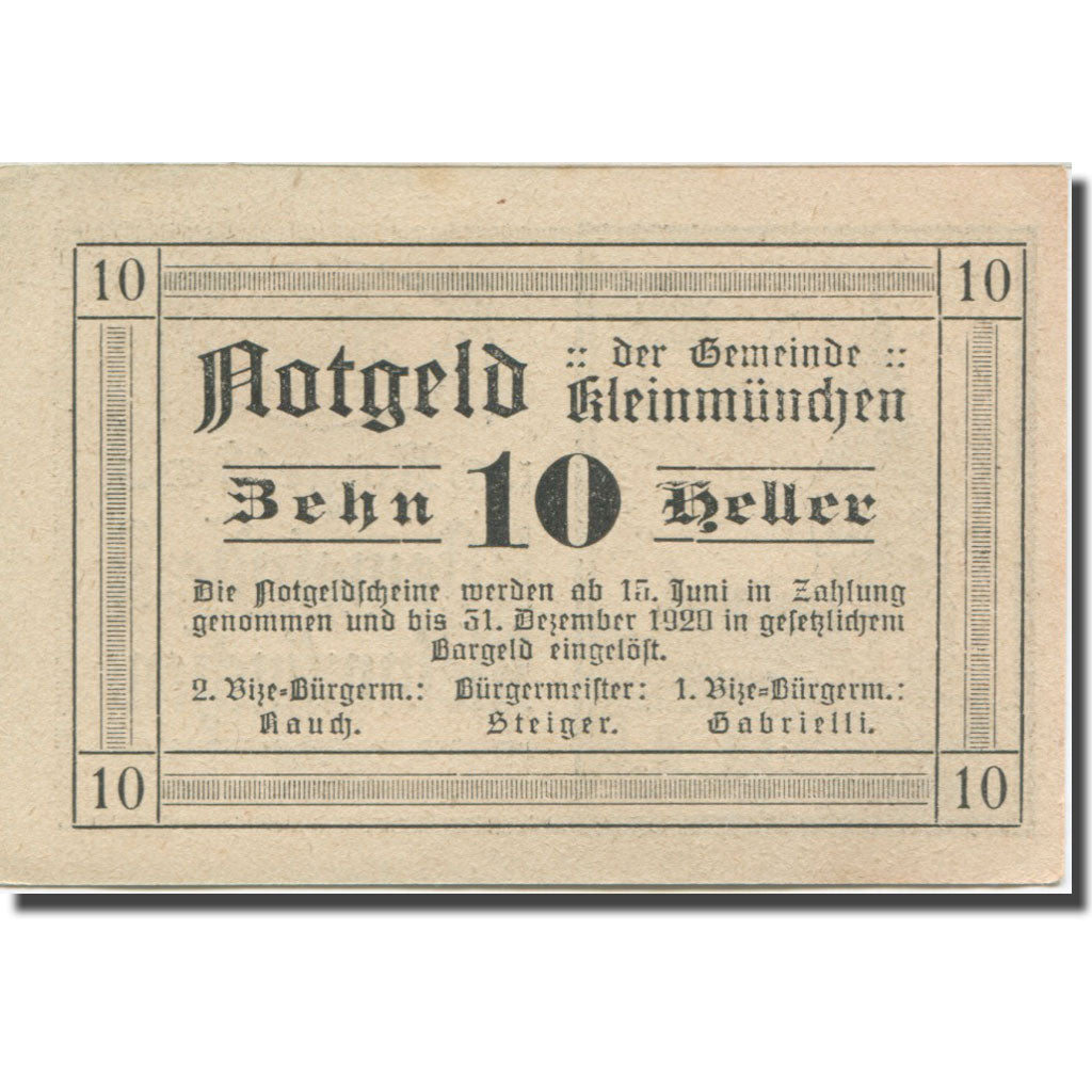 Biljet, Oostenrijk, Kleinmünchen, 10 Heller, Eglise 1920-12-31, SPL Mehl:FS 456a
