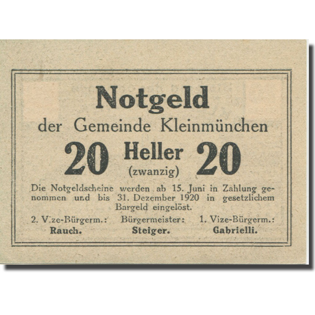 Banknote, Austria, Kleinmünchen, 20 Heller, château, 1920 SPL Mehl:FS 456a