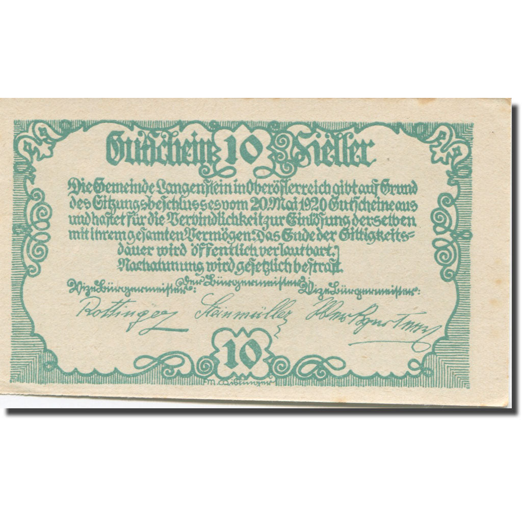 Banknote, Austria, Langenstein 10 Heller, château, 1920 AU(AU55-58) Mehl:FS 502a