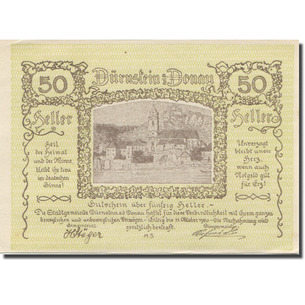 Banknote, Austria, Dürnstein, 50 Heller, Eglise, 1920 UNC(63) Mehl:FS 138