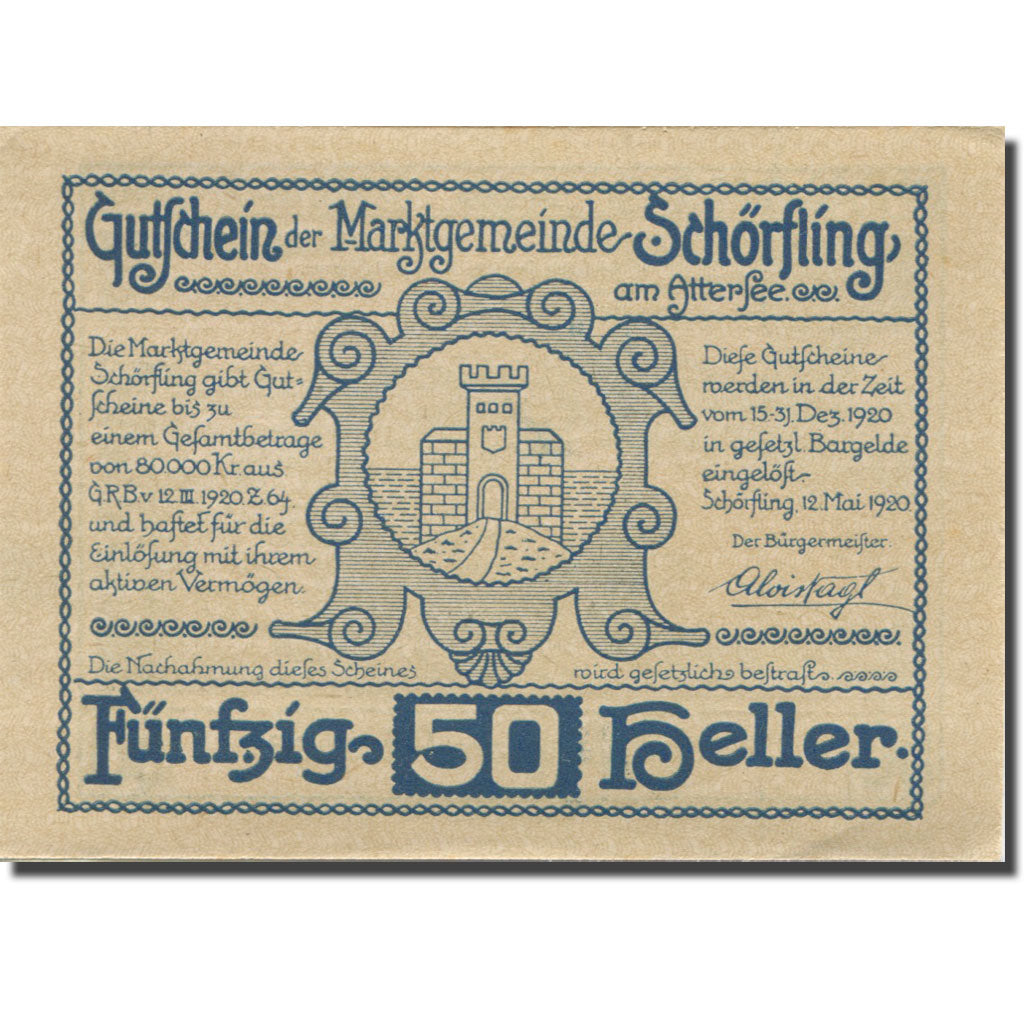 Banknote, Austria, Schörfling, 50 Heller, château, 1920 UNC(63) Mehl:FS 971a