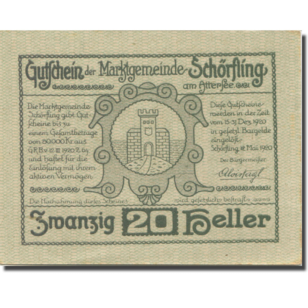 Banknote, Austria, Schörfling, 20 Heller  1920 UNC(60-62) Mehl:FS 971a