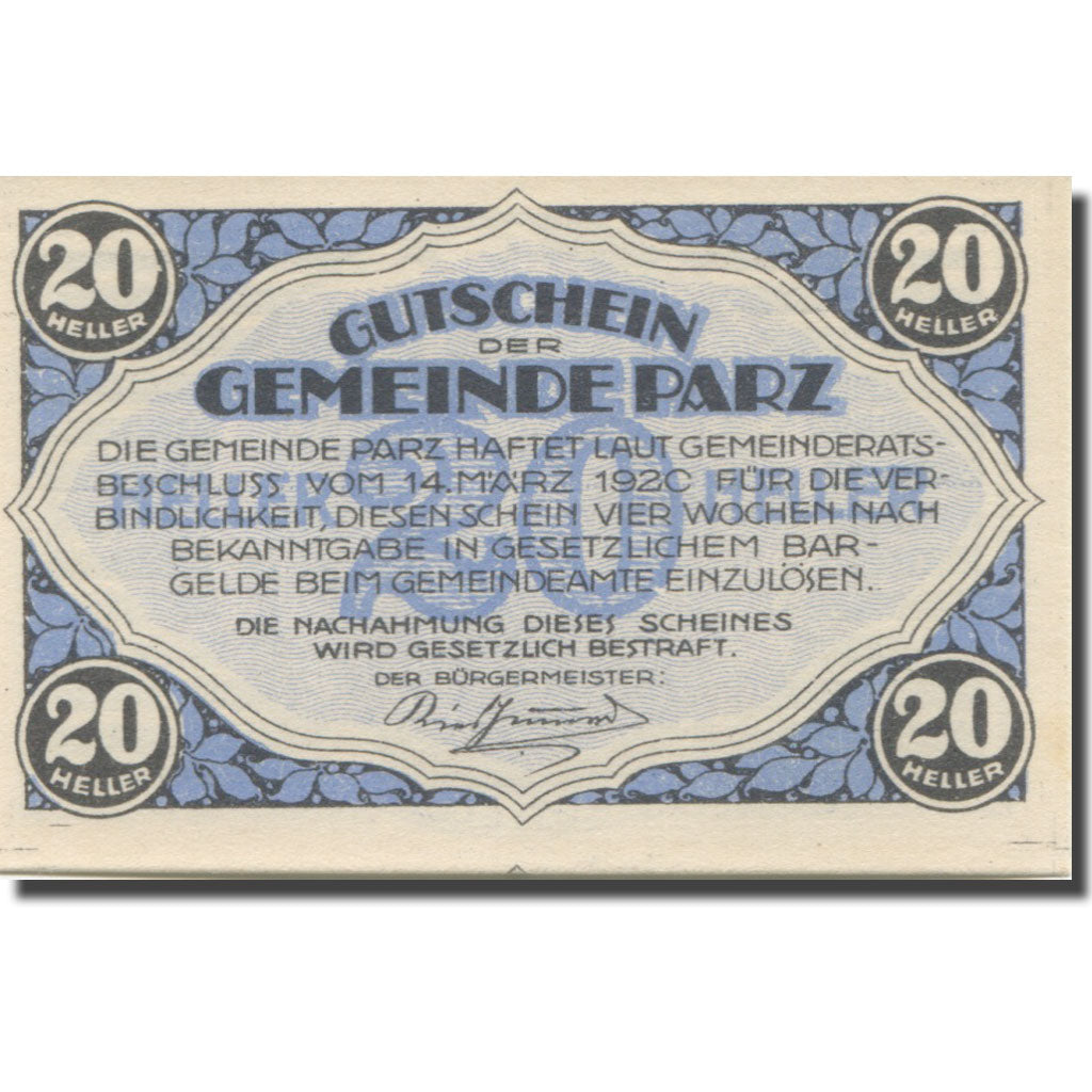 Banconote, Austria, Parz, 20 Heller, manoir 1, 1920-03-14, FDS Mehl:FS 721a