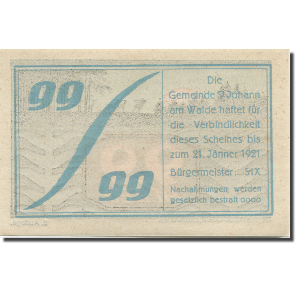 Banknote, Austria, St Johann, 99 Heller, Animaux, 1921 UNC(65-70) Mehl:FS 893a
