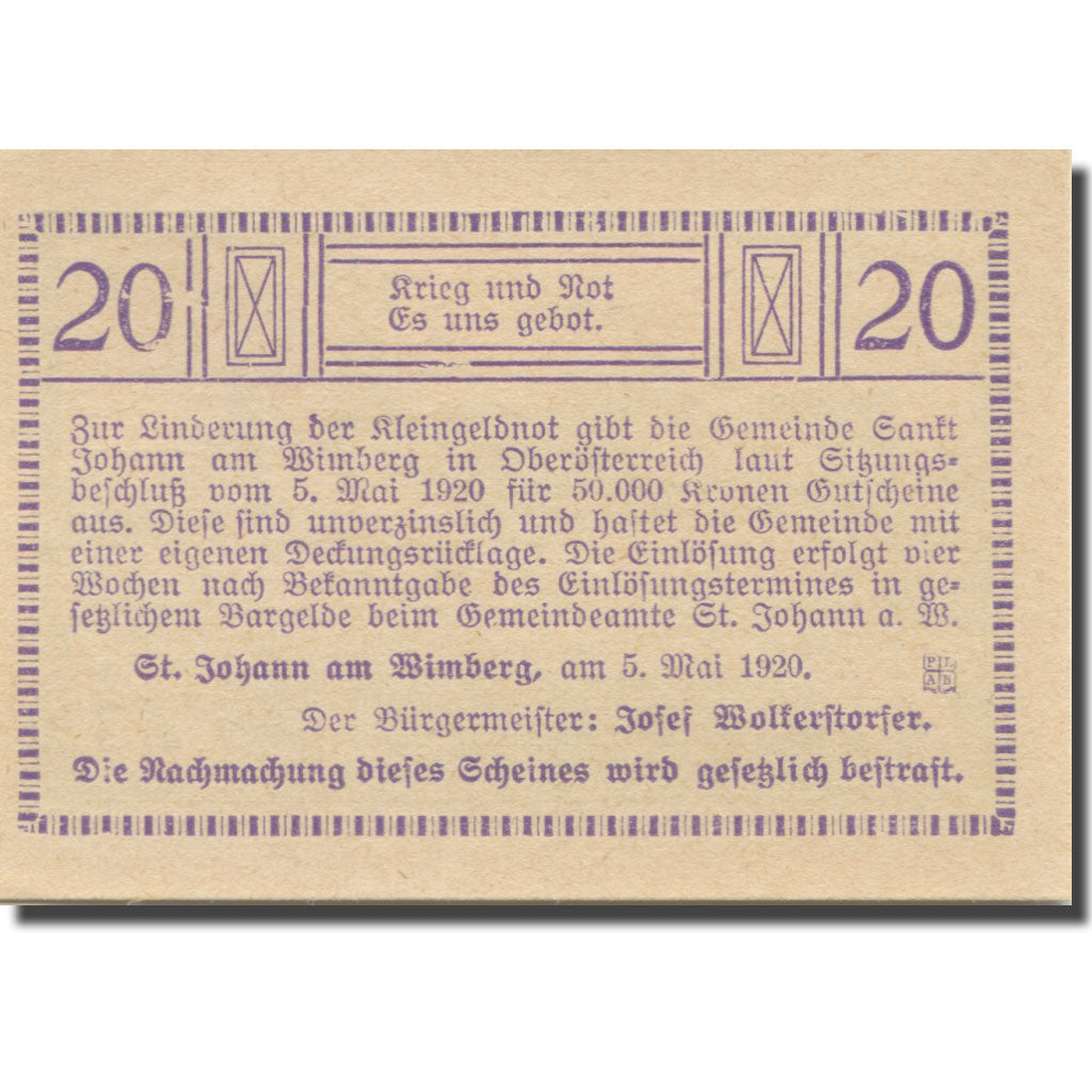 Banknote, Austria, St Johann, 20 Heller, ferme, 1920 UNC(65-70) Mehl:FS 894aa