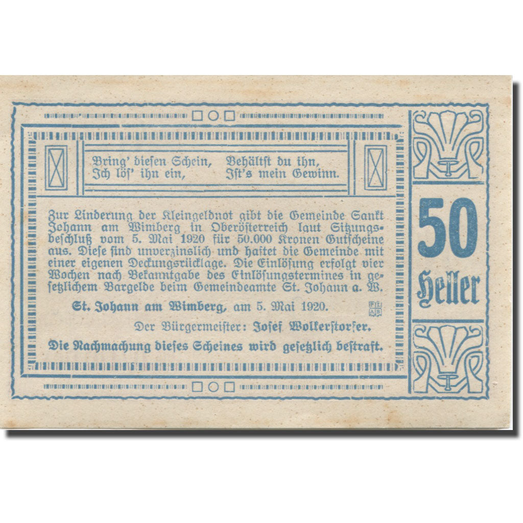 Billet, Autriche, St Johann, 50 Heller, paysage 1920-05-05, SUP, Mehl:FS 894ab