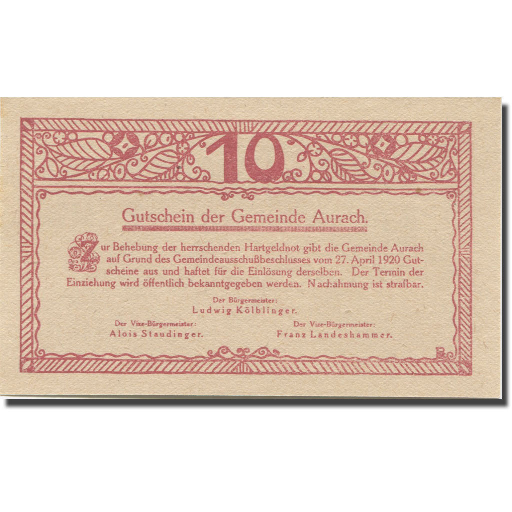 Banknote, Austria, Aurach, 10 Heller, Eglise 1920-04-27, UNC(63), Mehl:FS 68b