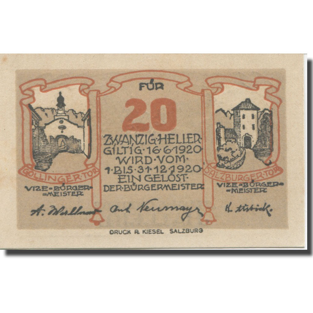 Banknote, Austria, Hallein, 20 Heller, paysage, 1920 UNC(63) Mehl:FS 344IIa