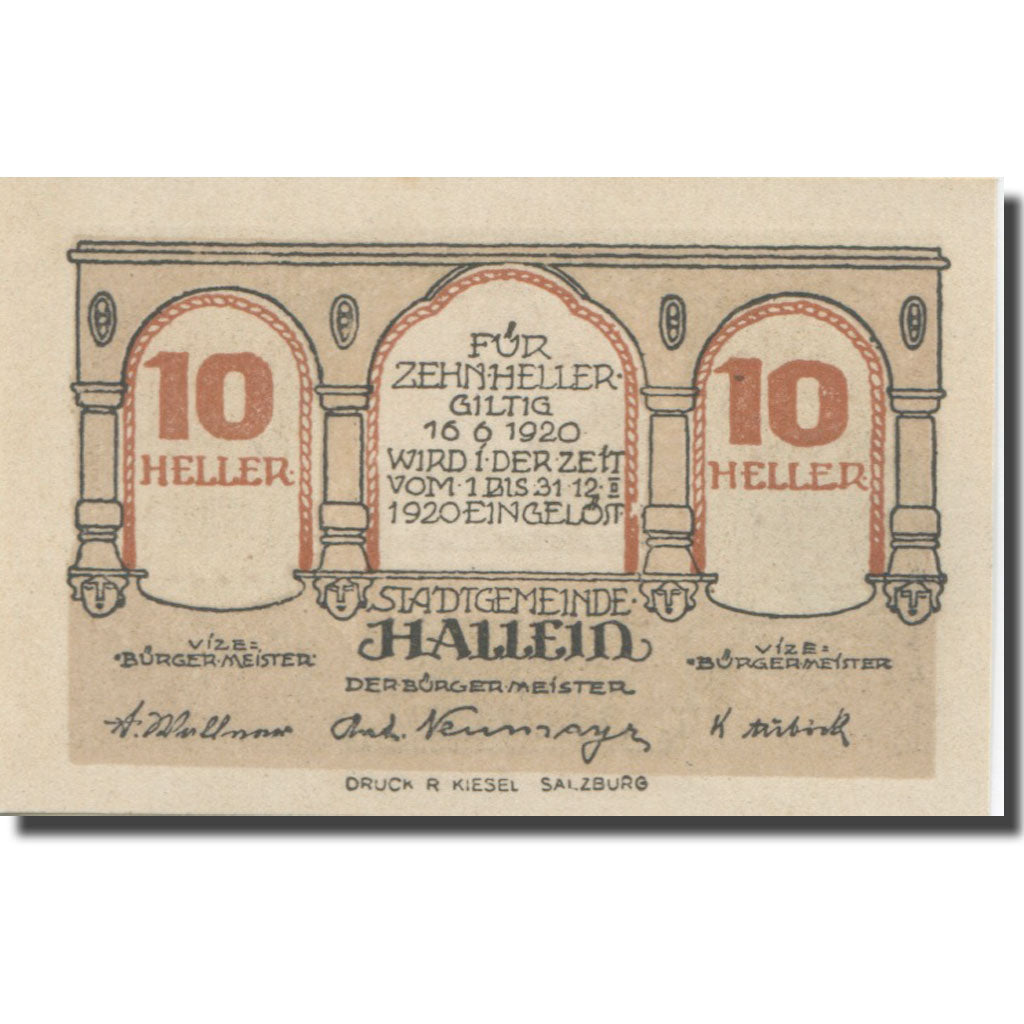 Banknote, Austria, Hallein, 10 Heller, menuisier, 1920 UNC(63) Mehl:FS 344IIa
