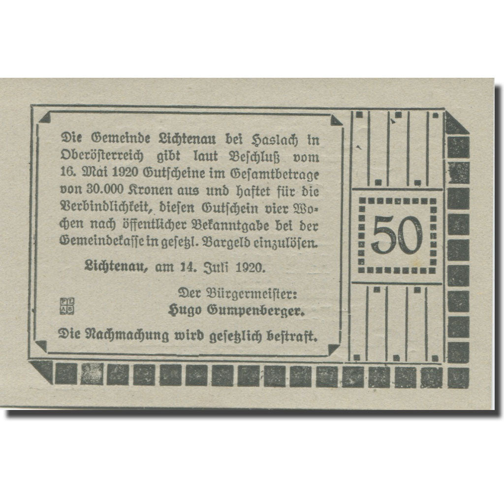 Banknote, Germany, Lichtenau, 50 Heller, école, 1920 UNC(65-70) Mehl:FS 517