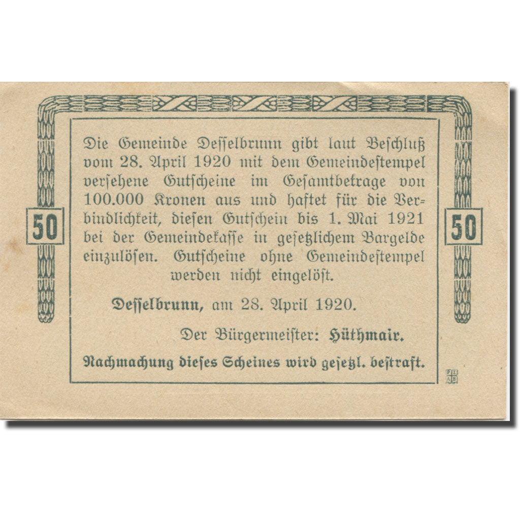 Banknote, Austria, Desselbrunn, 50 Heller, Foret, 1920 AU(55-58) Mehl:FS 119a