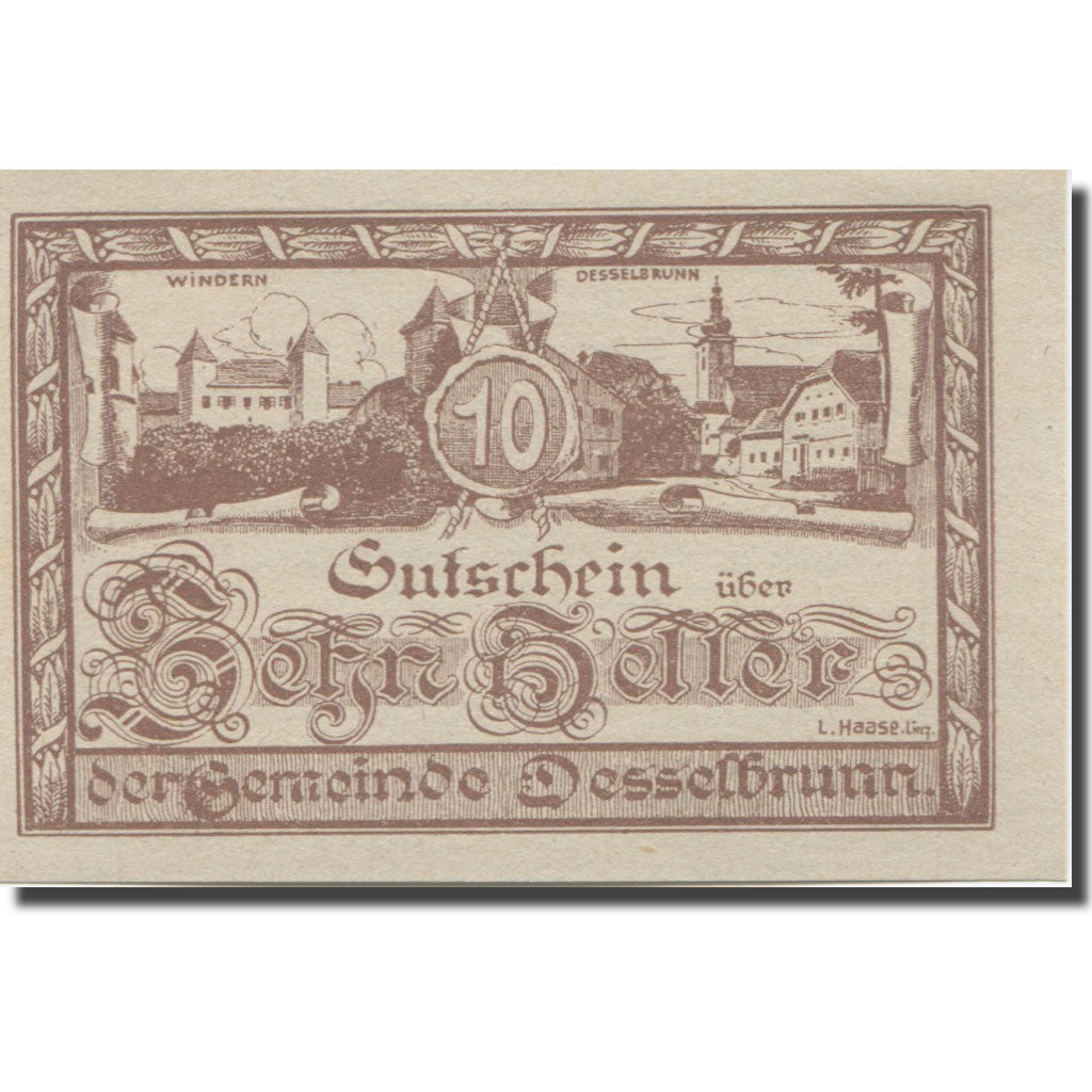 Banknote, Austria, Desselbrunn, 10 Heller, village, 1920 UNC(65-70) Mehl:FS 119a