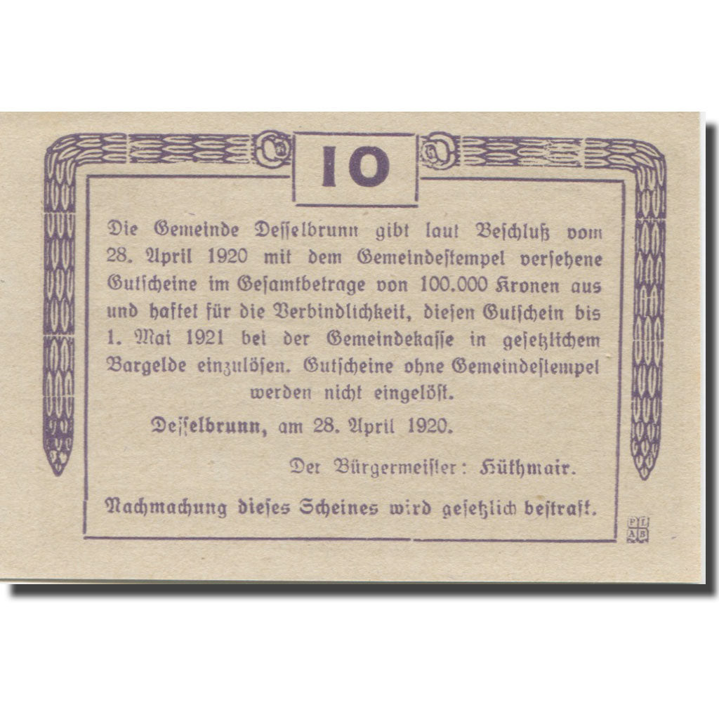 Banknote, Austria, Desselbrunn, 10 Heller, village, 1920 UNC(65-70) Mehl:FS 119a