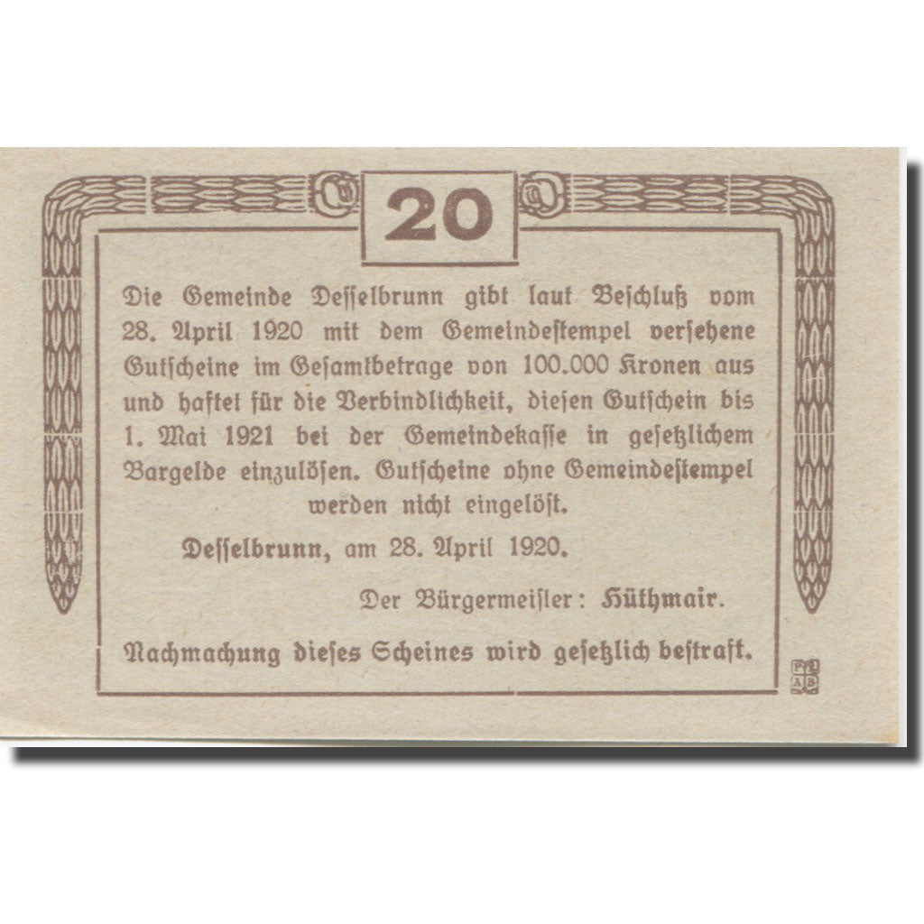 Banknote Austria Desselbrunn, 20 Heller, Monument, 1920 UNC(65-70) Mehl:FS 119a