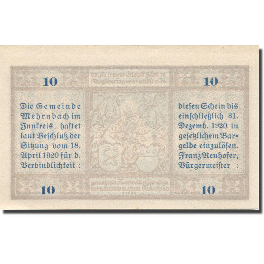 Banknote, Austria, Mehrnbach, 10 Heller, Monument, 1920 UNC(65-70) Mehl:FS 604.5