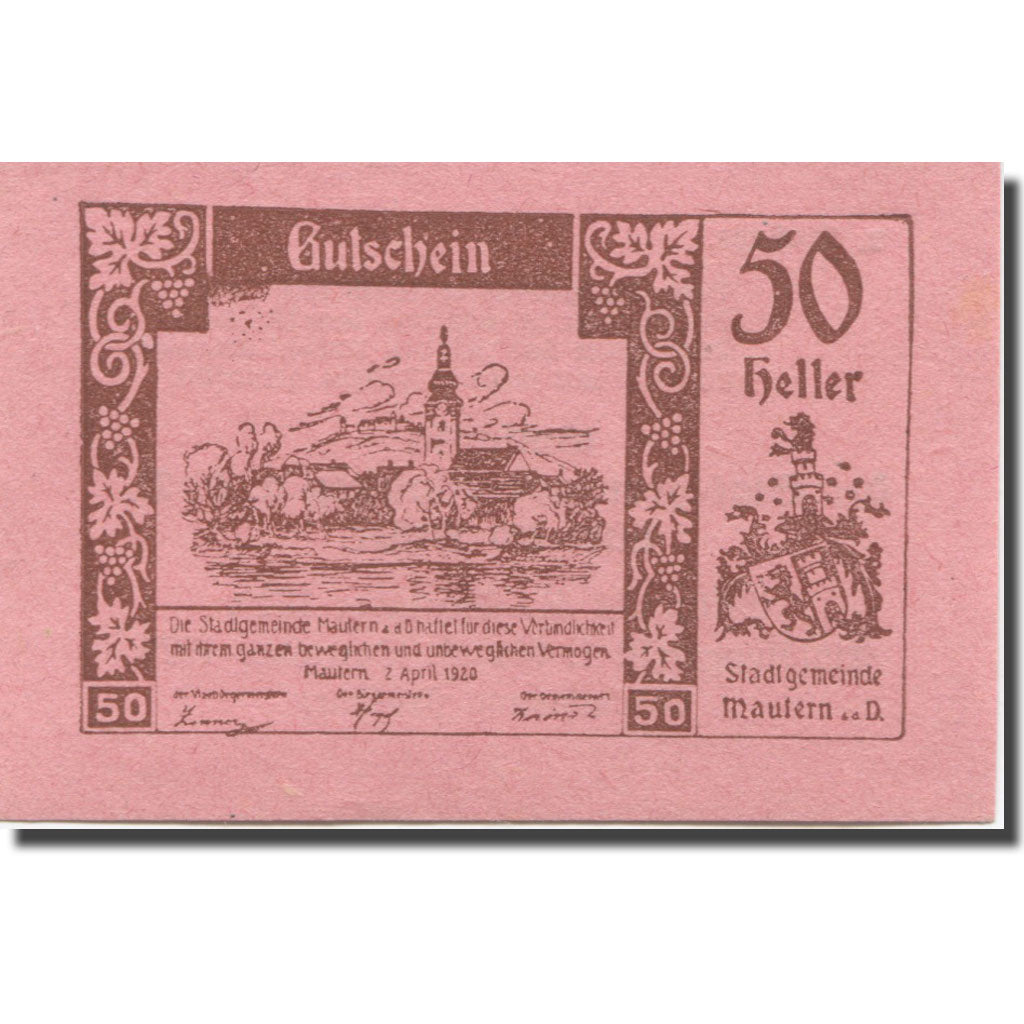 Banknote, Austria, Mautern, 50 Heller, Eglise, 1920 UNC(63) Mehl:FS 600IIe2