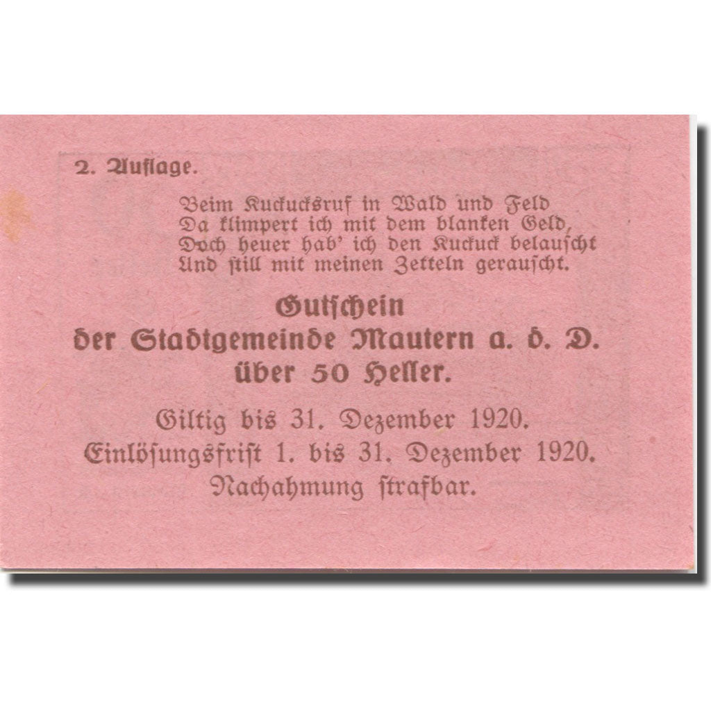 Banknote, Austria, Mautern, 50 Heller, Eglise, 1920 UNC(63) Mehl:FS 600IIe2