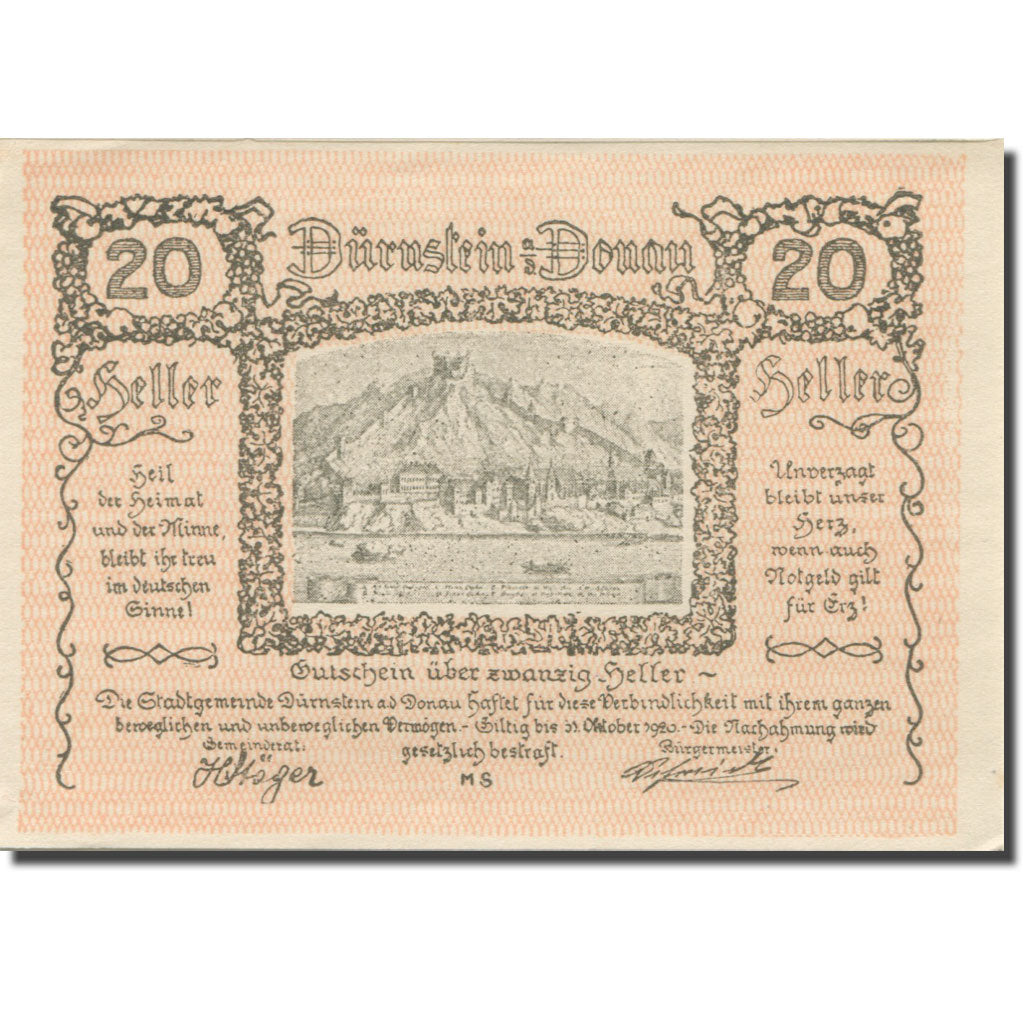 Banknote, Austria, Dürnstein, 20 Heller, montagne, 1920 UNC(63) Mehl:FS 138