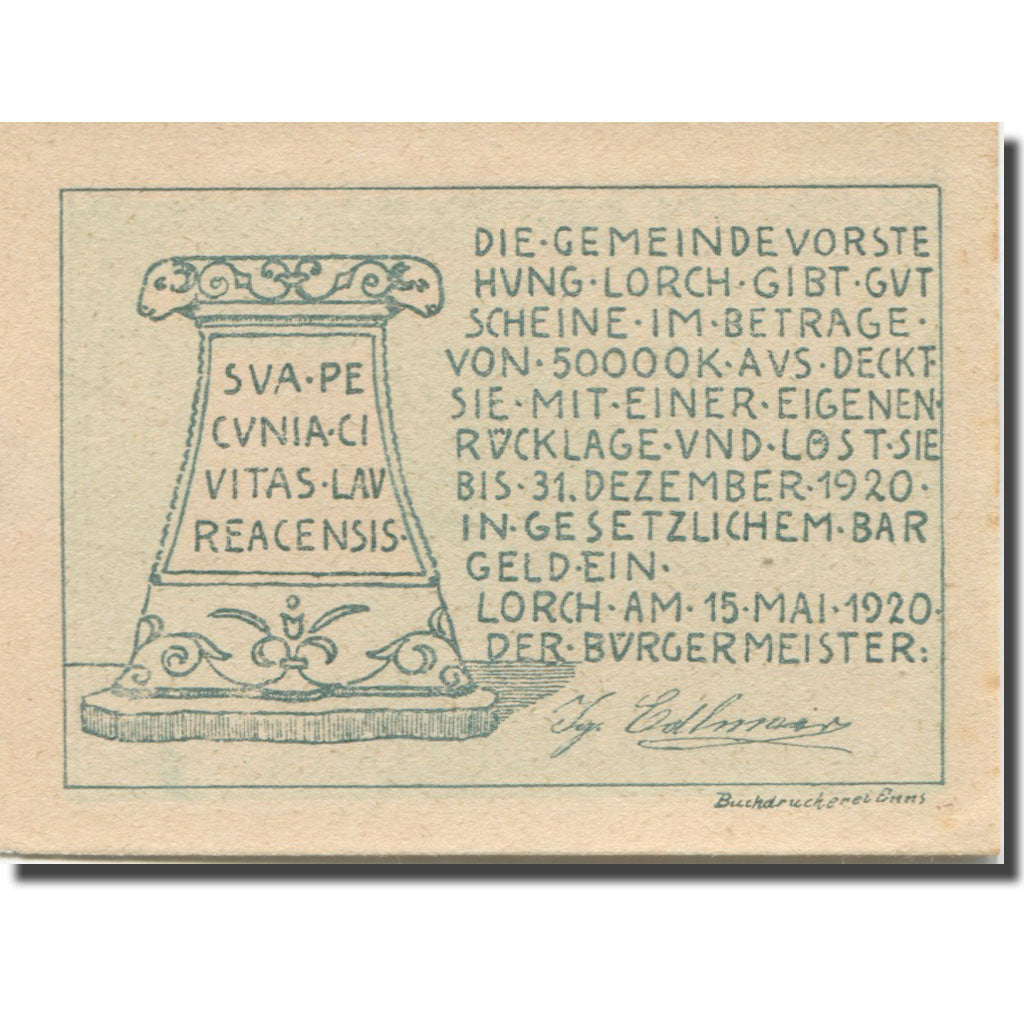 Banknote, Austria, Lorch, 20 Heller, Monument, 1920 UNC(63) Mehl:FS 564a