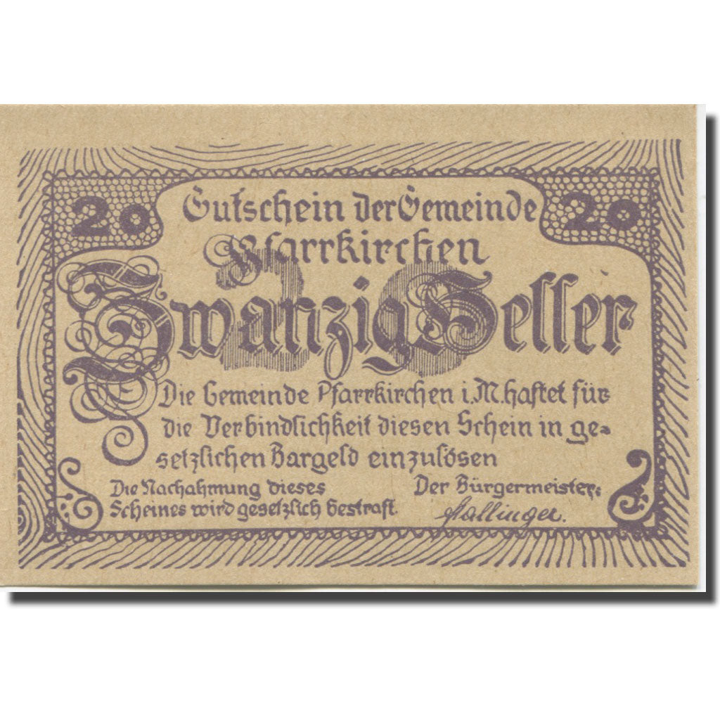 Banknote, Austria, Pfarrkirchen, 20 Heller château, 1920 UNC(65-70) Mehl:FS 744I