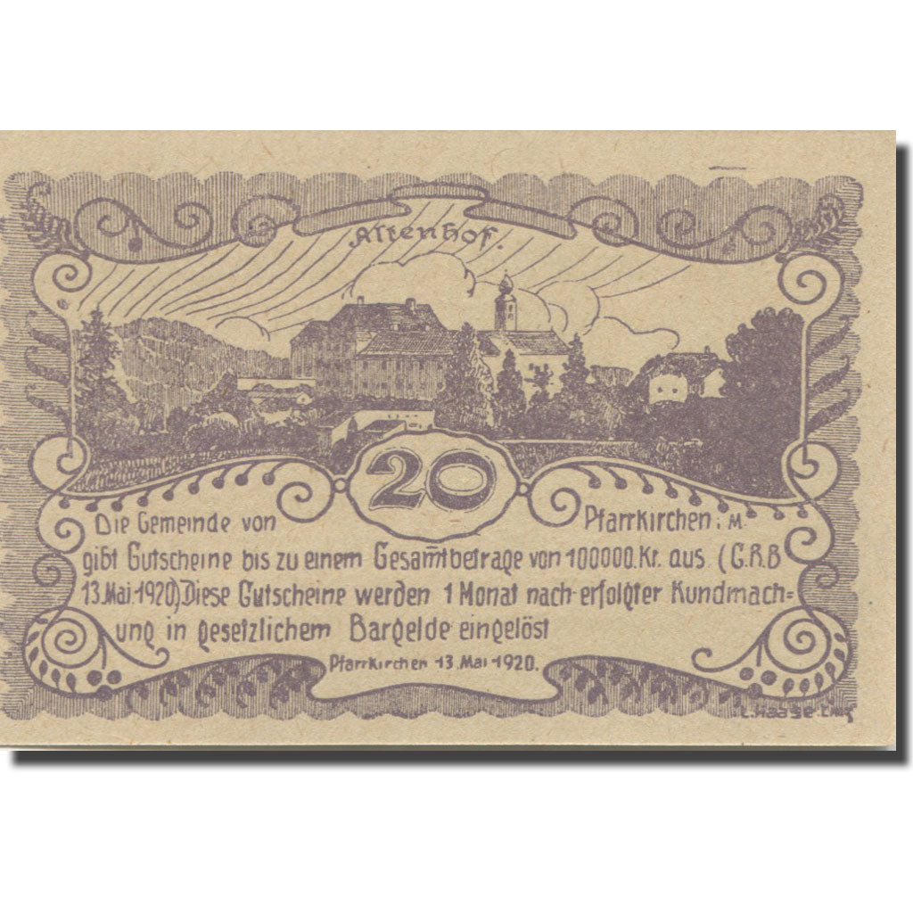 Banknote, Austria, Pfarrkirchen, 20 Heller château, 1920 UNC(65-70) Mehl:FS 744I