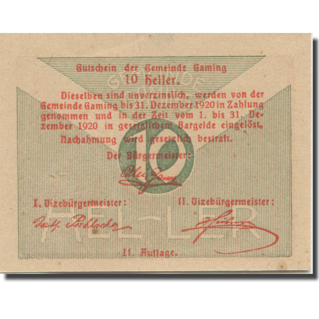 Banknote, Austria, Gaming, 10 Heller, Monument, 1920 UNC(63) Mehl:FS 220a